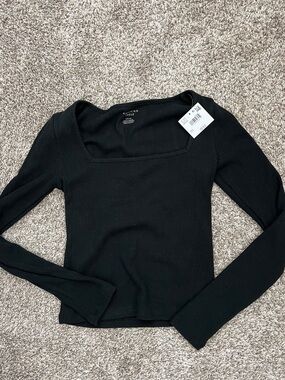 American Eagle Black Ribbed Square Neck Long Sleeve Top
